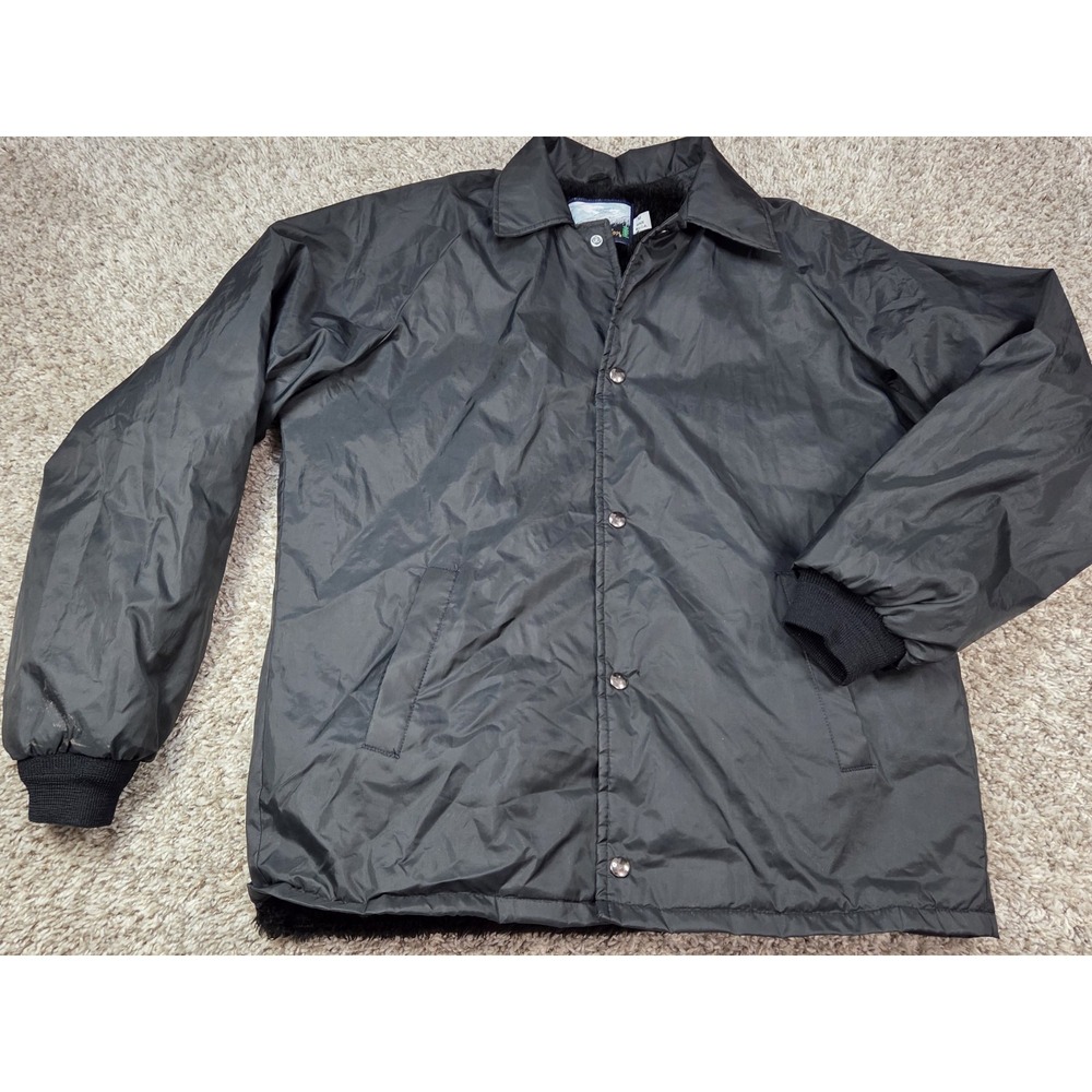 Fieldmaster Mens M Coaches Jacket Sherpa Lined Black Nylon Vtg Made in USA Snap